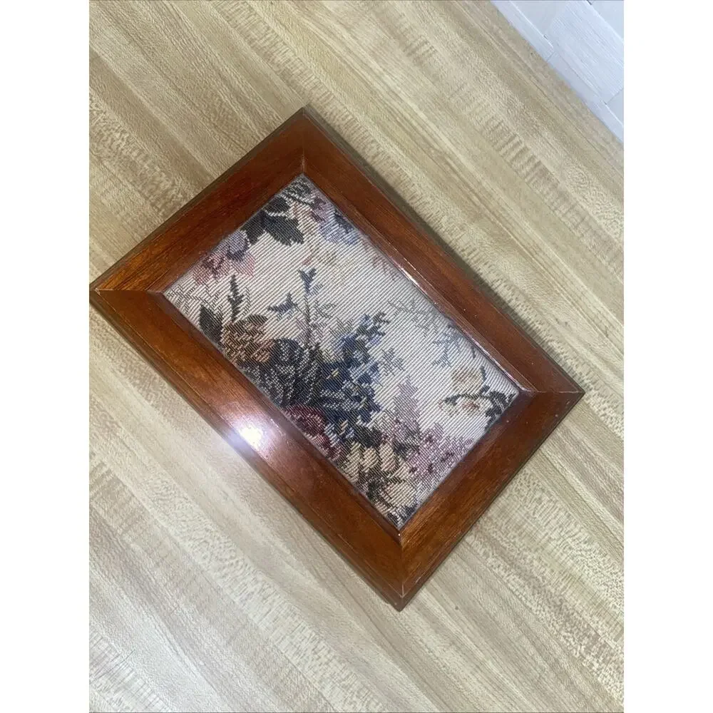Vintage Jewelry Box Wood with Floral Tapestry Inlaid Top Mirrored Velvet Inside